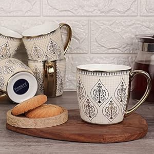 Handcrafted Ceramic Coffee Mugs Indian Golden Tea Cups Set of 6 6 oz Cappuccino Cups Coffee Cups White Tea Cup Set British Coffee Cups Porcelain Tea Set Latte Cups Espresso Mug