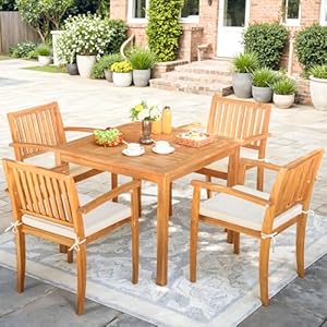 Greesum 5 Piece Patio Dining Set Outdoor Solid Wood Furniture for Yard Garden Porch wSquare Tabletop 4 Chairs White