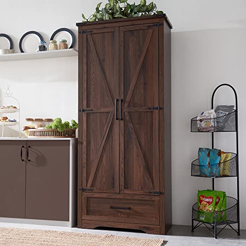 JXQTLINGMU-Farmhouse-Kitchen-Pantry-Cabinet-72-Tall-Wood-Kitchen-Storage-Cabinets-with-Adjustable-Shelves-2-Barn-Doors-Drawer-Versatile-Storage-for-Dining-Room-Bathroom-Rustic-Brown JXQTLINGMU Farmhouse Kitchen Pantry Cabinet 72 Tall Wood Kitchen Storage Cabinets with Adjustable Shelves 2 Barn Doors Drawer Versatile Storage for Dining Room Bathroom Rustic Brown