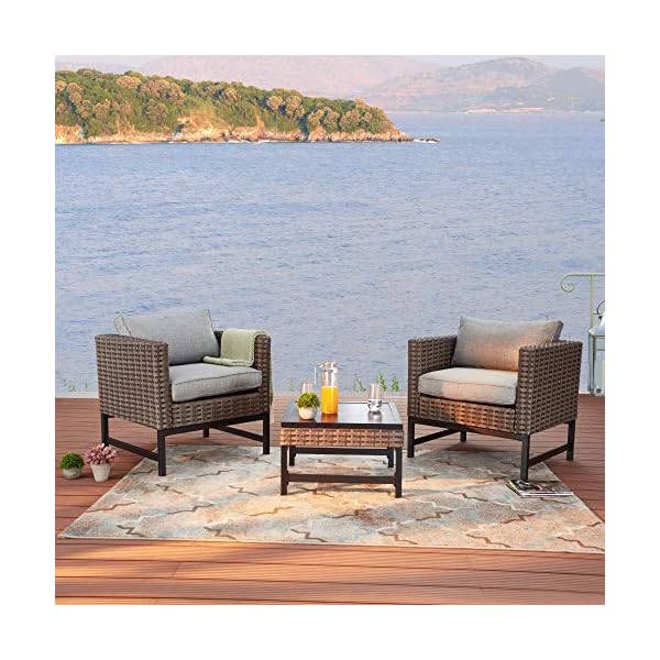   LOKATSE-HOME-3-Pieces-Outdoor-Patio-Balcony-Furniture-Rattan-Conversation-Set-Wicker-Chairs-with-Square-Table-Brown