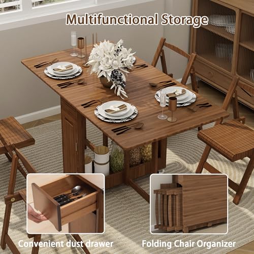 Folding-Dining-Table-with-4-ChairsExtendable-Bamboo-Drop-Leaf-Kitchen-Table-Set-with-Storage-for-Small-Space-Living-Room-Dining-FarmhouseNo-Assembly-Required-Brown Folding Dining Table with 4 ChairsExtendable Bamboo Drop Leaf Kitchen Table Set with Storage for Small Space Living Room Dining FarmhouseNo Assembly Required Brown