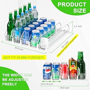 Upgraded drink organizer for fridge space saving soda dispenser for refrigerator automatic pusher glide and adjustable width can organizer for refrigerator holds 25 cans 5 rows white  urban country home decor