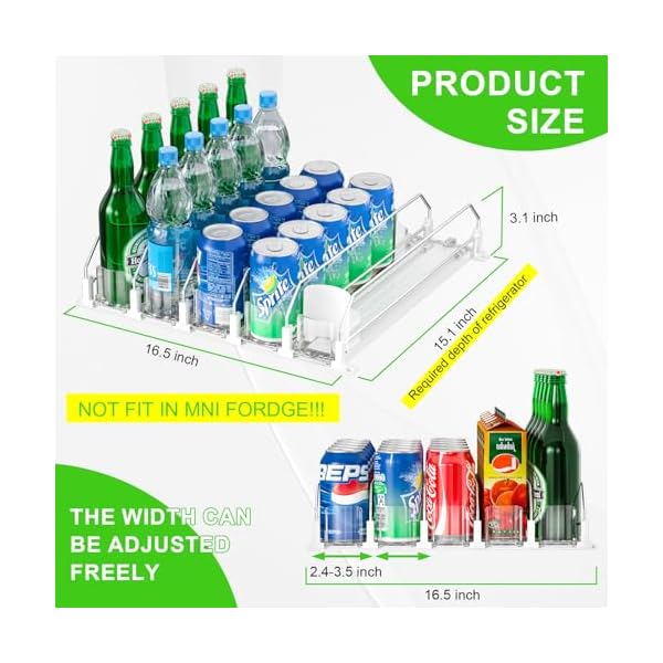 Upgraded drink organizer for fridge space saving soda dispenser for refrigerator automatic pusher glide and adjustable width can organizer for refrigerator holds 25 cans 5 rows white  urban country home decor