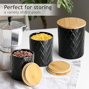 MIAMIO–Set of 3 Canister Sets for Kitchen Counter Ceramic Kitchen Canister Set with Airtight Seal Wooden Lid Perfect for Coffee Tea Sugar Flour Tea Salt and More Black