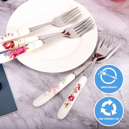 12Pcs Stainless Steel Floral Forks with Ceramic Handles