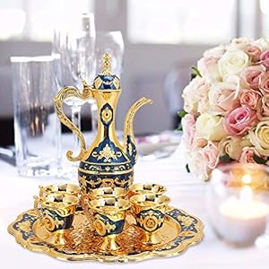 Turkish Coffee Pot Set Metal Turkish Tea Set with 6 Luxury Coffee Cups and Craft Tea Tray Teapot Set Home Art Crafts for Tea Coffee Tea Table Decor Wedding GiftGold Blue