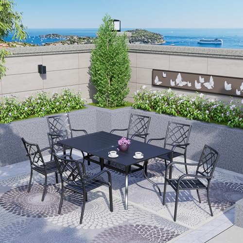 7-Pieces-Patio-Metal-Furniture-Outdoor-Dining-Set-with-6-Stackable-Bistro-Chairs-and-60-x-37-Rectangle-Table-with-Umbrella-Hole-Black 7 Pieces Patio Metal Furniture Outdoor Dining Set with 6 Stackable Bistro Chairs and 60 x 37 Rectangle Table with Umbrella Hole Black