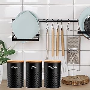 Bekith 3 Pack Kitchen Canisters with Bamboo Lids Airtight Metal Canister Set Food Storage Containers Jars for Coffee Sugar Tea Flour Rustic Farmhouse Kitchen Decor Containers Black