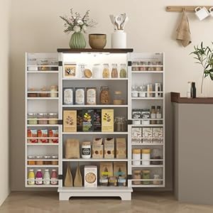 HOMCOM 47" LED Kitchen Pantry Cabinet, Farmhouse Storage Cabinet with 5 Deep Shelves and 12 Door Shelves, Freestanding Food Pantry with Barn Door, White HOMCOM 47 LED Kitchen Pantry Cabinet Farmhouse Storage Cabinet with 5 Deep Shelves and 12 Door Shelves Freestanding Food Pantry with Barn Door White