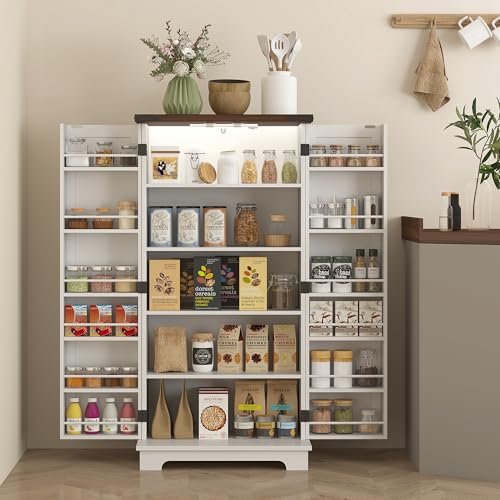 HOMCOM-47-LED-Kitchen-Pantry-Cabinet-Farmhouse-Storage-Cabinet-with-5-Deep-Shelves-and-12-Door-Shelves-Freestanding-Food-Pantry-with-Barn-Door-White HOMCOM 47 LED Kitchen Pantry Cabinet Farmhouse Storage Cabinet with 5 Deep Shelves and 12 Door Shelves Freestanding Food Pantry with Barn Door White