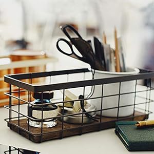 TIEYIPIN Small Metal Wire Storage Basket Detachable Wood Base Storage Organizer Bin Basket for Kitchen Cabinets Bathroom Pantry Garage Laundry Room Brown 2 Pack