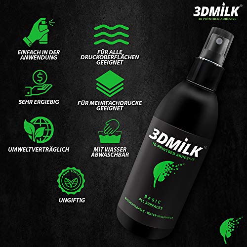 3DMilk Basic - 250 ml Haftspray für 3D-Drucker - Kleber für bessere Druckbett-Haftung - In Deutschland hergestellt - Für jede Druckplatte geeignet - Umweltverträglich, ungiftig, abwaschbar – Bild 4