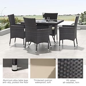 Kullavik 5 Piece Outdoor Dining Set Patio Rattan Furniture SetPatio Dining Table and Chairs Set with 4 Chairs and CushionsSquare Glass Tabletop with Umbrella Hole for PatioBackyardGardenSand