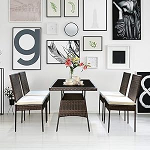 Tangkula 5 Piece Patio Wicker Dining Set Outdoor Rattan Table and Chairs with wTempered Glass Table Top Padded Cushions Wicker Patio Conversation Furniture Set for Balcony Patio Garden Poolside