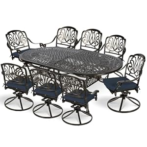 MEETWARM 9 Piece Outdoor Patio Dining Set All Weather Cast Aluminum Patio Conversation Set for Backyard Garden Deck with 1 Oval Table 8 Cushioned Swivel Rocker Chairs 2 Umbrella Hole Navy Blue
