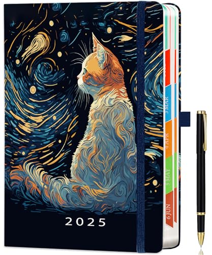 2025 Diary A5 Page a Day from Jan to Dec, Full Year Daily Planner with Colorful Monthly Tabs, Pen Set & Fine Inner Pocket, 5.9" × 8.5"- Cat