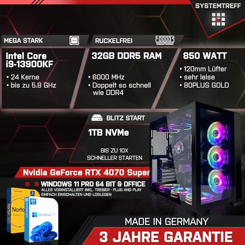 SYSTEMTREFF Gaming Komplett PC Set Intel Core i9-13900KF 24x5.8GHz | Nvidia RTX 4070 Super 12GB DX12 | 1TB M.2 NVMe | 32GB DDR5 RAM | WLAN Desktop Paket Computer für Gamer, Gaming – Bild 3