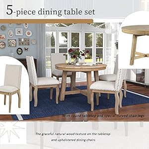 5piecediningtablesetwoodroundextendablediningtableand4upholsteredchairsfarmhouserusticdiningsetfor4personsidealforkitchendinningroomandbartablenaturalwoodwash Urban Country Home Decor 5 piece dining table set wood round extendable dining table and 4 upholstered chairs farmhouse rustic dining set for 4 persons ideal for kitchen dinning room and bar table natural wood wash urban country home decor