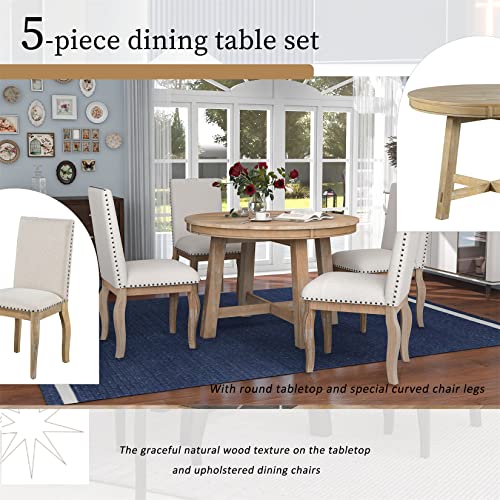 5piecediningtablesetwoodroundextendablediningtableand4upholsteredchairsfarmhouserusticdiningsetfor4personsidealforkitchendinningroomandbartablenaturalwoodwash Urban Country Home Decor 5 piece dining table set wood round extendable dining table and 4 upholstered chairs farmhouse rustic dining set for 4 persons ideal for kitchen dinning room and bar table natural wood wash urban country home decor