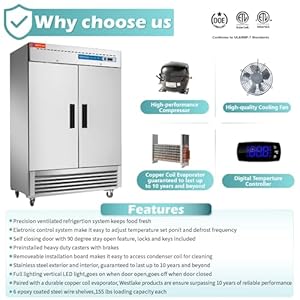 WESTLAKE 54 W Commercial Refrigerator 2 door 2 Section Stainless Steel Reach in Solid door Upright Fan Cooling 49 Cuft Cooler for Restuarant Bar Shop etc