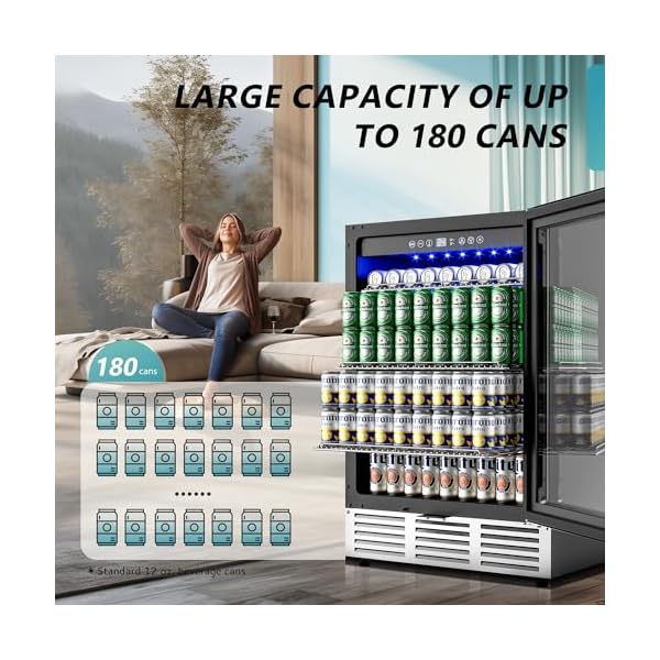 Euhomy 24 inch beverage refrigerator 180 can built in beverage cooler under counter beer fridge with glass door for soda water wine for kitchen bar or office  urban country home decor