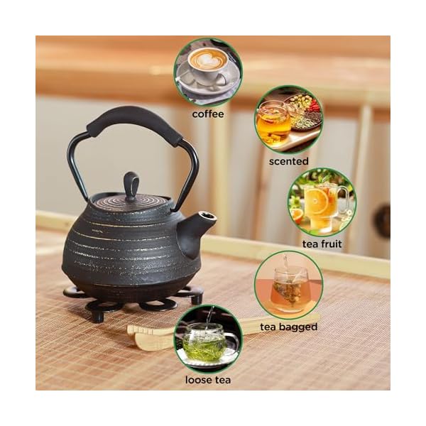   Cast-Iron-Teapot-Stovetop-Safe-Vintage-Tea-Kettle-with-Infuser-for-Loose-Leaf-Coffee-Japanese-Tea-Pot-Coated-with-Enameled-Interior-Silicone-Handle-22oz-650ml-Black