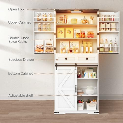 HOOBRO-Farmhouse-Kitchen-Pantry-Cabinet-716-Storage-Cabinet-with-LED-Light-and-Sliding-Barn-Door-Pantry-Cabinet-with-Adjustable-Shelf-and-Drawer-for-Kitchen-Dining-Room-White-and-Walnut HOOBRO Farmhouse Kitchen Pantry Cabinet 716 Storage Cabinet with LED Light and Sliding Barn Door Pantry Cabinet with Adjustable Shelf and Drawer for Kitchen Dining Room White and Walnut
