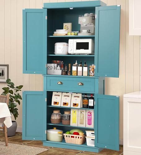 KIGOTY-72-Tall-Kitchen-Pantry-Cabinet-Farmhouse-Storage-Cabinet-Kitchen-Pantry-Storage-Cabinet-with-DoorsDrawer-and-Adjustable-Shelves-Freestanding-Cupboard-for-Living-RoomBlue KIGOTY 72 Tall Kitchen Pantry Cabinet Farmhouse Storage Cabinet Kitchen Pantry Storage Cabinet with DoorsDrawer and Adjustable Shelves Freestanding Cupboard for Living RoomBlue