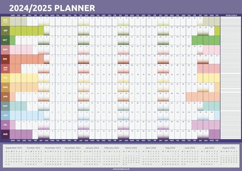 2024 2025 Wall Planner A3 Size (42.0 x29.7cm) Academic Mid Year Calendar Organiser for Home Office School Work (Rainbow)