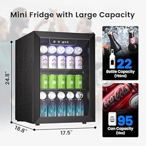 2.6 Cu.Ft Beverage Refrigerator Cooler - 95 Can Mini Fridge Glass Door for Soda Beer Wine, Small Refrigerator for Bedroom Office Home Bar, 3 Adjustable Shelves, Black 26 CuFt Beverage Refrigerator Cooler 95 Can Mini Fridge Glass Door for Soda Beer Wine Small Refrigerator for Bedroom Office Home Bar 3 Adjustable Shelves Black