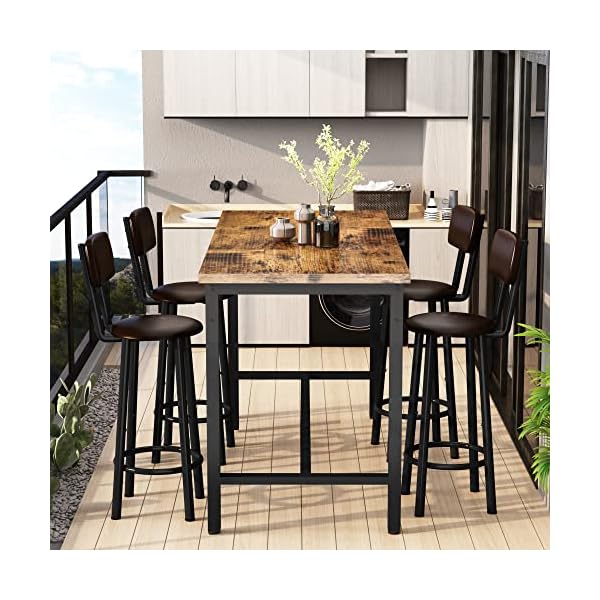   Lamerge-Bar-Table-and-Chairs-Set-Industrial-Wood-Kitchen-Dining-Table-Space-Saving-Breakfast-Bar-Table-Counter-Height-Pub-Table-with-4-PU-Upholstered-Chairs-with-Backrest-5-Pieces-Home-Kitchen-Set