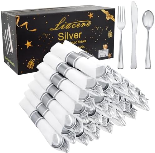 Liacere - 100-Piece Silver Plastic Silverware Set with Napkins