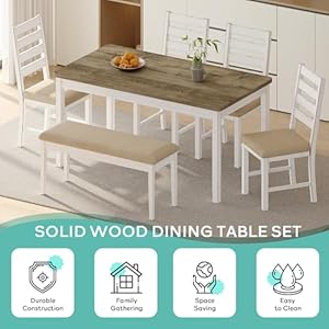 59 Dining Table Set Farmhouse Rectangular White Kitchen Room Table Chairs Set Solid Wood Stable Space Saving Easy Clean 1 Bench 4 Chairs