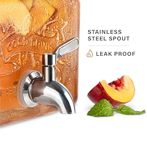 Mosjos glass drink dispenser for fridge stainless steel spigot mason jar dispenser with wide opening easy fill beverage storage for outdoor water iced tea juice sangria detergent 1 gallon  urban country home decor