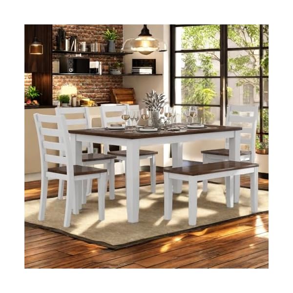   Farmhouse-6-Piece-Dining-Room-Table-Set-with-Bench-and-Chairs-Solid-Wood-Kitchen-Dining-Table-Set-for-6-Persons-Walnut-Cottage-White
