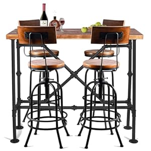 LOKKHAN 5 Piece Table Chairs Set for Home Office Cafe Pub Bar Party Bistro Rectangular Dining Table for 2 4 Four Swivel Adjustable Stools Heavy Duty Metal Wood Rustic Industrial Black Brown