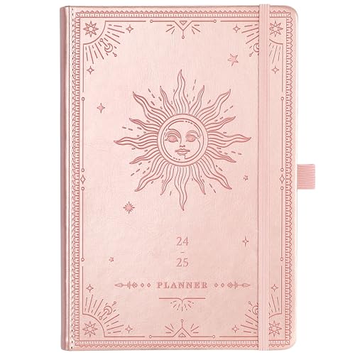 Academic Diary 2024-2025 - Diary 2024-2025 Week to View, July 2024 - June 2025, Premium Leather Cover, Gold Stamp, Accordion Pocket, Gift Box, 25 Note Pages, Pink