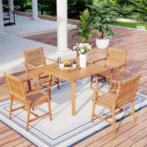 MFSTUDIO-5-Pieces-Wood-Patio-Dining-Set-Outdoor-Teak-Patio-Table-Chairs-Set-for-4-Square-Acacia-Wood-Patio-Table-4-x-Acacia-Wood-Patio-Chairs-with-Woven-Rattan-Design-for-Garden-Backyard MFSTUDIO 5 Pieces Wood Patio Dining Set Outdoor Teak Patio Table Chairs Set for 4 Square Acacia Wood Patio Table 4 x Acacia Wood Patio Chairs with Woven Rattan Design for Garden Backyard