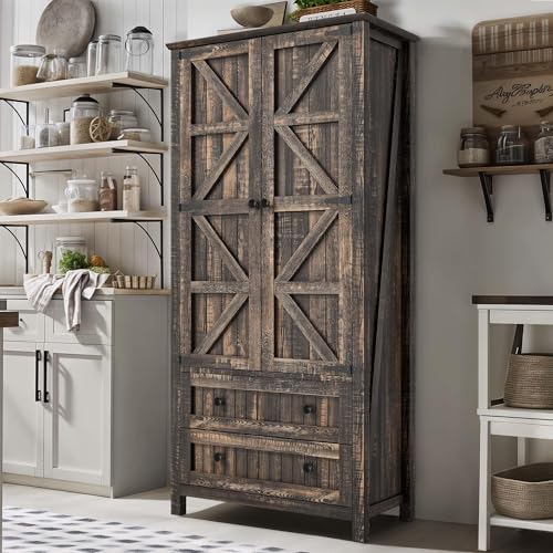 YITAHOME-Farmhouse-Kitchen-Pantry-Cabinet-645-Tall-Storage-Cabinet-with-2-Drawers-Adjustable-Shelves-Ideal-for-Kitchen-Living-Room-or-Entryway-Dark-Rustic YITAHOME Farmhouse Kitchen Pantry Cabinet 645 Tall Storage Cabinet with 2 Drawers Adjustable Shelves Ideal for Kitchen Living Room or Entryway Dark Rustic