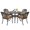 5 Pieces Outdoor Furniture Dining Set All Weather Cast Aluminum Round Patio Table with Umbrella Hole and 4 Cushioned Dining Chairs for Patio Garden Deck Retro Pattern Design
