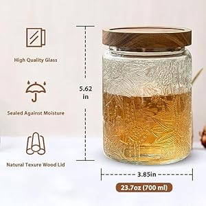 24 OZ Glass Storage Jar with Airtight Bamboo Wooden Lids Vintage Food Containers Canisters Sets for Kitchen Counter Pantry Sugar Flour Candy Tea Coffee Beans Oats Grain Bin Pasta Cereal