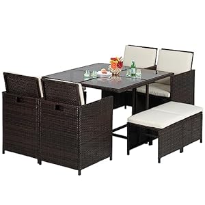 Outdoor Patio Furniture Set 9 Pieces Patio Dining Sets Space Saving Wicker Furniture with 4 Rattan Chairs 4 Ottomans and Glass Table for Outdoor Backyard Porch Poolside BalconyKhaki Cushion