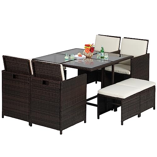 Outdoor-Patio-Furniture-Set-9-Pieces-Patio-Dining-Sets-Space-Saving-Wicker-Furniture-with-4-Rattan-Chairs-4-Ottomans-and-Glass-Table-for-Outdoor-Backyard-Porch-Poolside-BalconyKhaki-Cushion Outdoor Patio Furniture Set 9 Pieces Patio Dining Sets Space Saving Wicker Furniture with 4 Rattan Chairs 4 Ottomans and Glass Table for Outdoor Backyard Porch Poolside BalconyKhaki Cushion