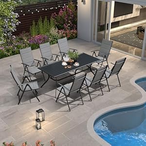 PURPLE LEAF 9 Pieces Outdoor Patio Dining Set with 8 Folding Portable Chairs and 1 Rectangle Aluminum Table, Foldable Adjustable High Back Reclining Chairs with Soft Cotton-Padded Seat, Grey PURPLE LEAF 9 Pieces Outdoor Patio Dining Set with 8 Folding Portable Chairs and 1 Rectangle Aluminum Table Foldable Adjustable High Back Reclining Chairs with Soft Cotton Padded Seat Grey