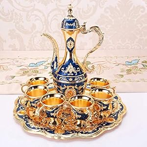 Turkish Coffee Pot Set Metal Turkish Tea Set with 6 Luxury Coffee Cups and Craft Tea Tray Teapot Set Home Art Crafts for Tea Coffee Tea Table Decor Wedding GiftGold Blue
