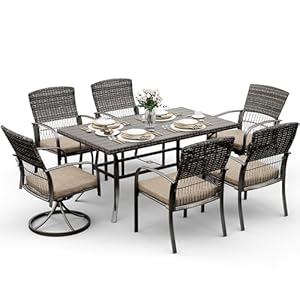 Pamapic 7 Piece Patio Dining Set for 6Outdoor Wicker Furniture Set for Backyard Garden Deck Poolside with 4 Dining Chairs and 2 Swivel RockersIron Slats Table Top Removable CushionsBeige
