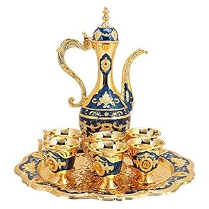 Turkish Coffee Pot Set Metal Turkish Tea Set with 6 Luxury Coffee Cups and Craft Tea Tray Teapot Set Home Art Crafts for Tea Coffee Tea Table Decor Wedding GiftGold Blue