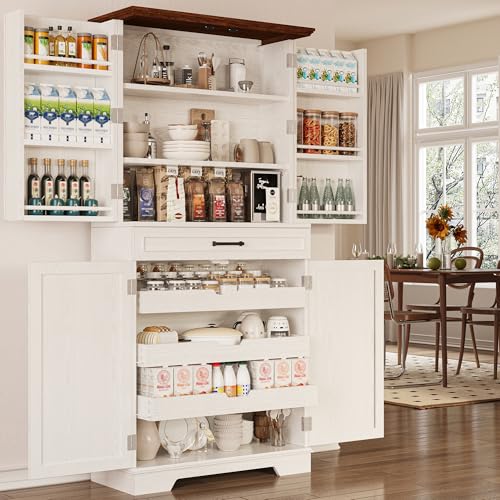 IRONCK-Farmhouse-Kitchen-Pantry-Cabinet-72-Height-Tall-Freestanding-Cupboard-with-Sliding-Storage-Rack-and-6-Hanging-Shelves-for-Kitchen-Dining-Room-White IRONCK Farmhouse Kitchen Pantry Cabinet 72 Height Tall Freestanding Cupboard with Sliding Storage Rack and 6 Hanging Shelves for Kitchen Dining Room White