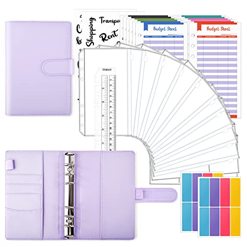 TOYESS 30Pcs Budget Binder Set for Money Saving Wallet, A5 Leather Money Binder with 12 Cash Envelopes, 12 Budget Sheets, Ring Binder Money Organiser for Budget Planner, Macaron Purple