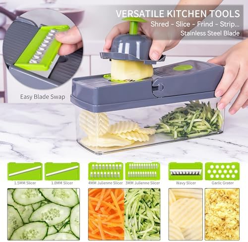14-in-1 Vegetable Chopper w 8 Stainless Steel Blades Grey
